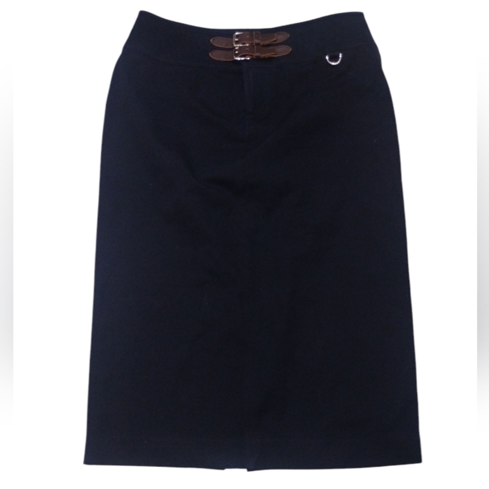 Lauren Ralph Lauren Navy Pencil Skirt W Brown Leather Buckle SZ 4